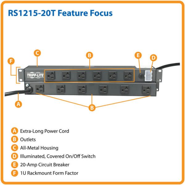 RS-1215-20T Barra de contactos Eaton Tripp Lite para instalación en rack 1U, 120V, 20A, L5-20P, 12 tomacorrientes (6 adelante, 6 atrás), cable de 4.57 m [15 pies] - Imagen 4