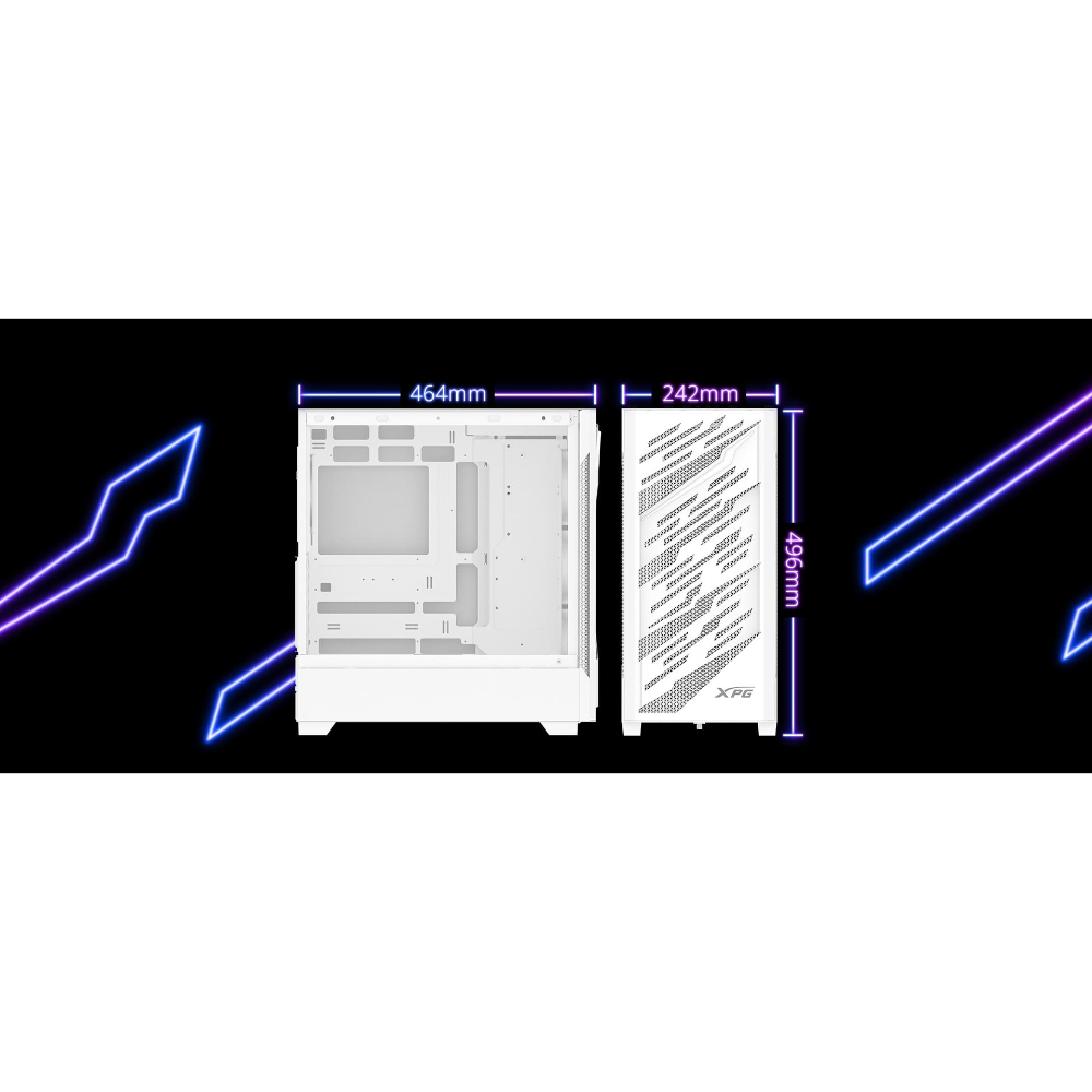 XPG STARKER AIR BTF, Blanco, soporta placas base con diseño de conector inverso, Torre Media ATX, 2.5'' y 3.5'' pulgadas x2, I/O: USB-C x1, USB-A x2, Audio HD x1, control LED x1, Reinicio x1, Poder x1, Ventilador ARGB: 4 x Ventiladores de 120mm (Frontal x3, Trasero x1), Ventilador: (Trasero x1), 2 Años de Garantía - Imagen 3