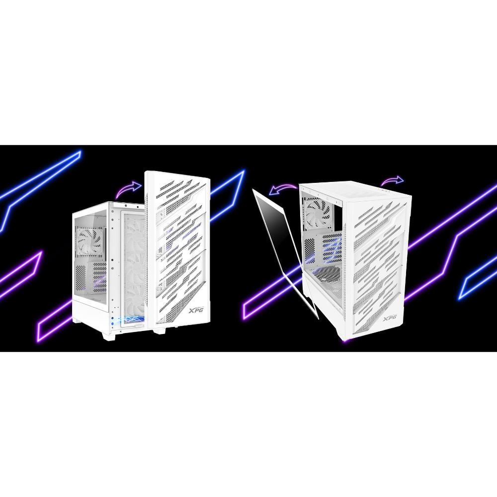 XPG STARKER AIR BTF, Blanco, soporta placas base con diseño de conector inverso, Torre Media ATX, 2.5'' y 3.5'' pulgadas x2, I/O: USB-C x1, USB-A x2, Audio HD x1, control LED x1, Reinicio x1, Poder x1, Ventilador ARGB: 4 x Ventiladores de 120mm (Frontal x3, Trasero x1), Ventilador: (Trasero x1), 2 Años de Garantía